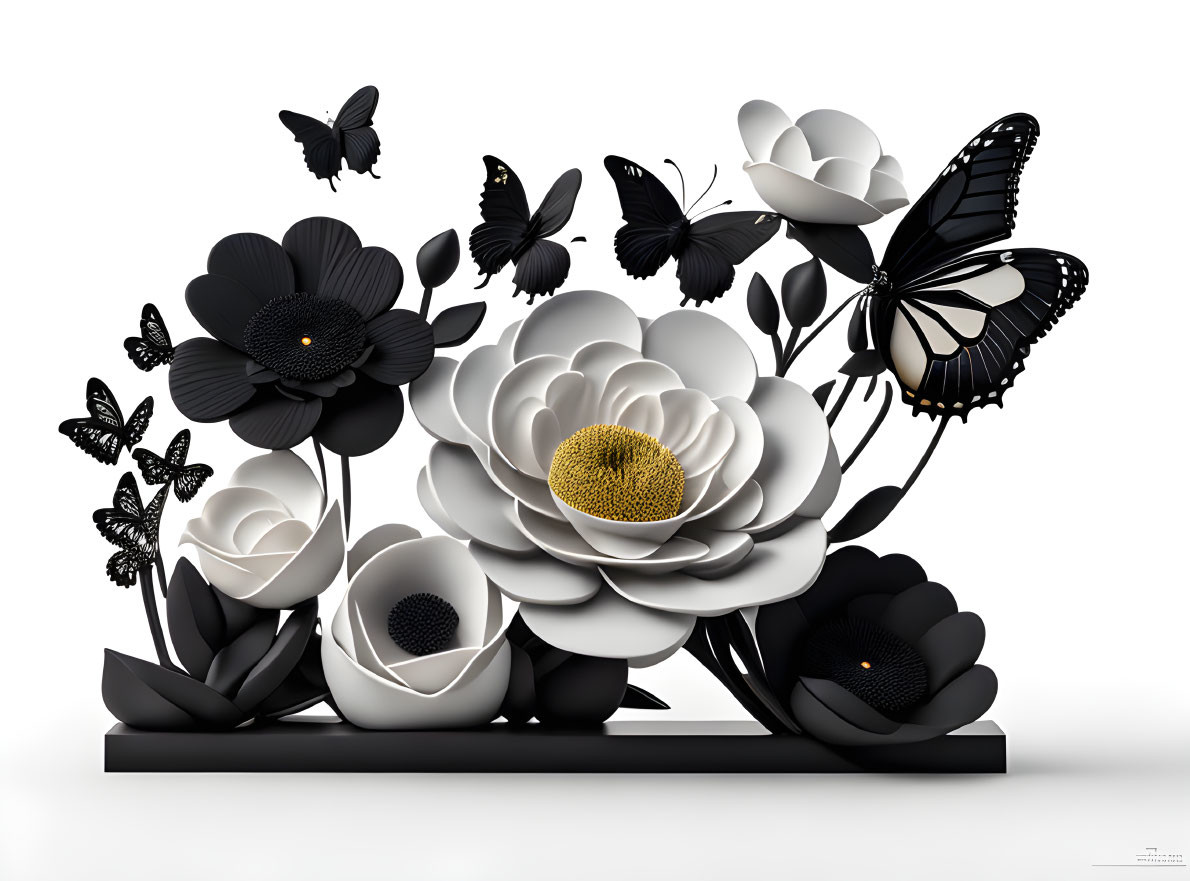 Monochrome 3D artwork of flowers and butterflies with light and shadow interplay