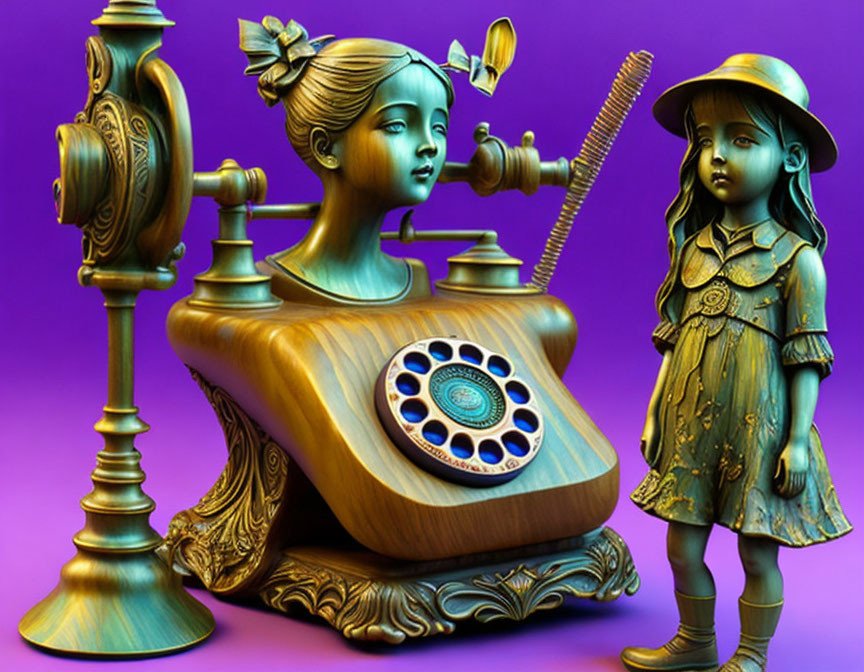 Surreal artwork: girl's face in antique phone with doll-like figure on purple background