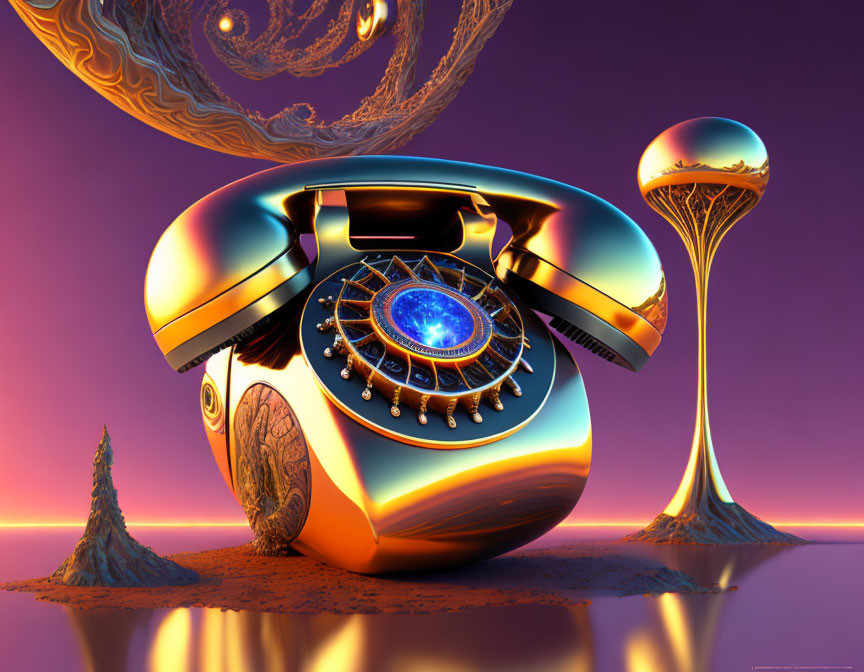 Surreal retro rotary phone on vibrant purple-orange backdrop