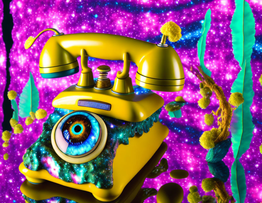 Surreal yellow rotary phone with blue eye in psychedelic backdrop