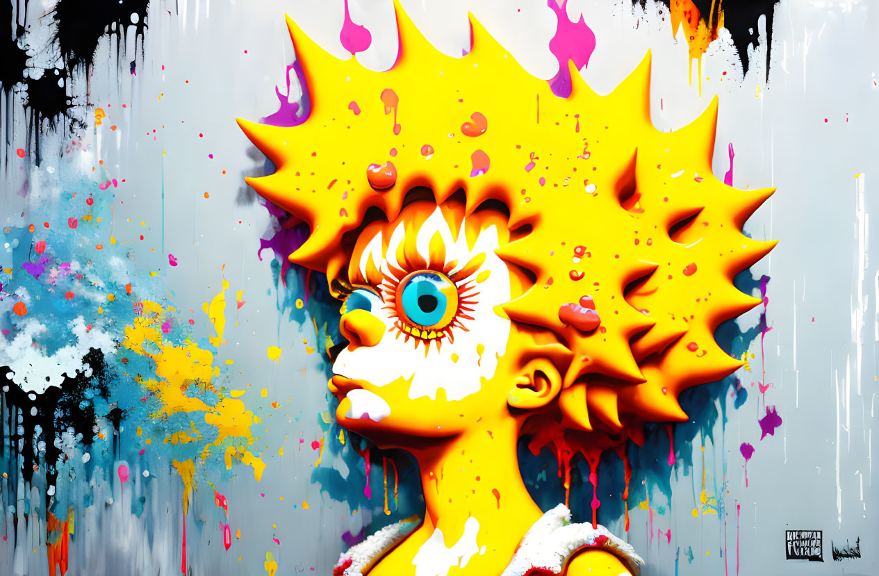 Colorful graffiti-style artwork featuring a stylized character with spiked hair and a large eye