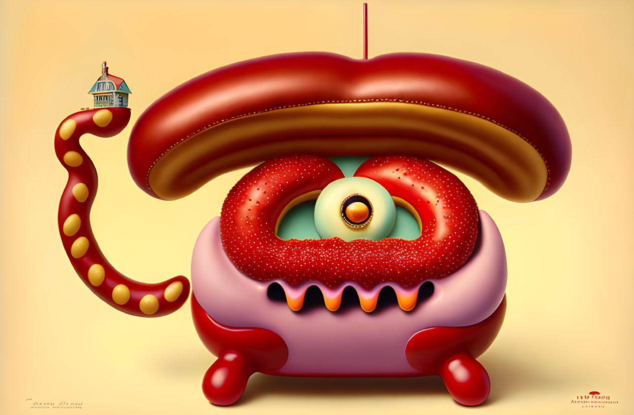 Surreal red creature with eyeball mouth and tentacles illustration