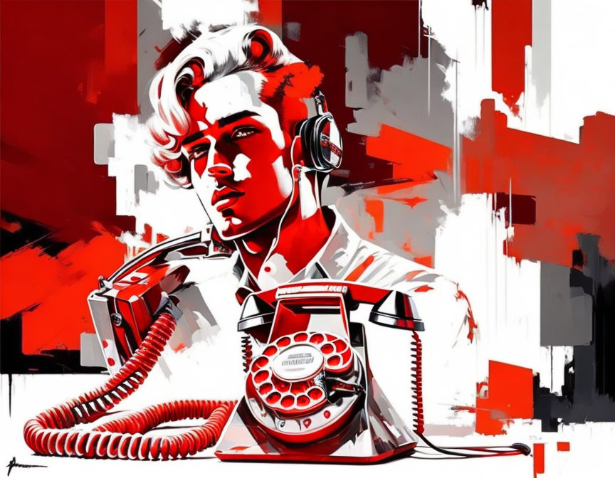 Stylized graphic illustration of person with headphones and vintage red rotary phone