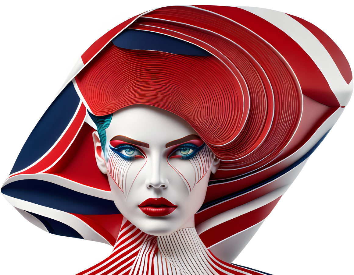 Stylized digital artwork of a woman with red, white, and blue headdress