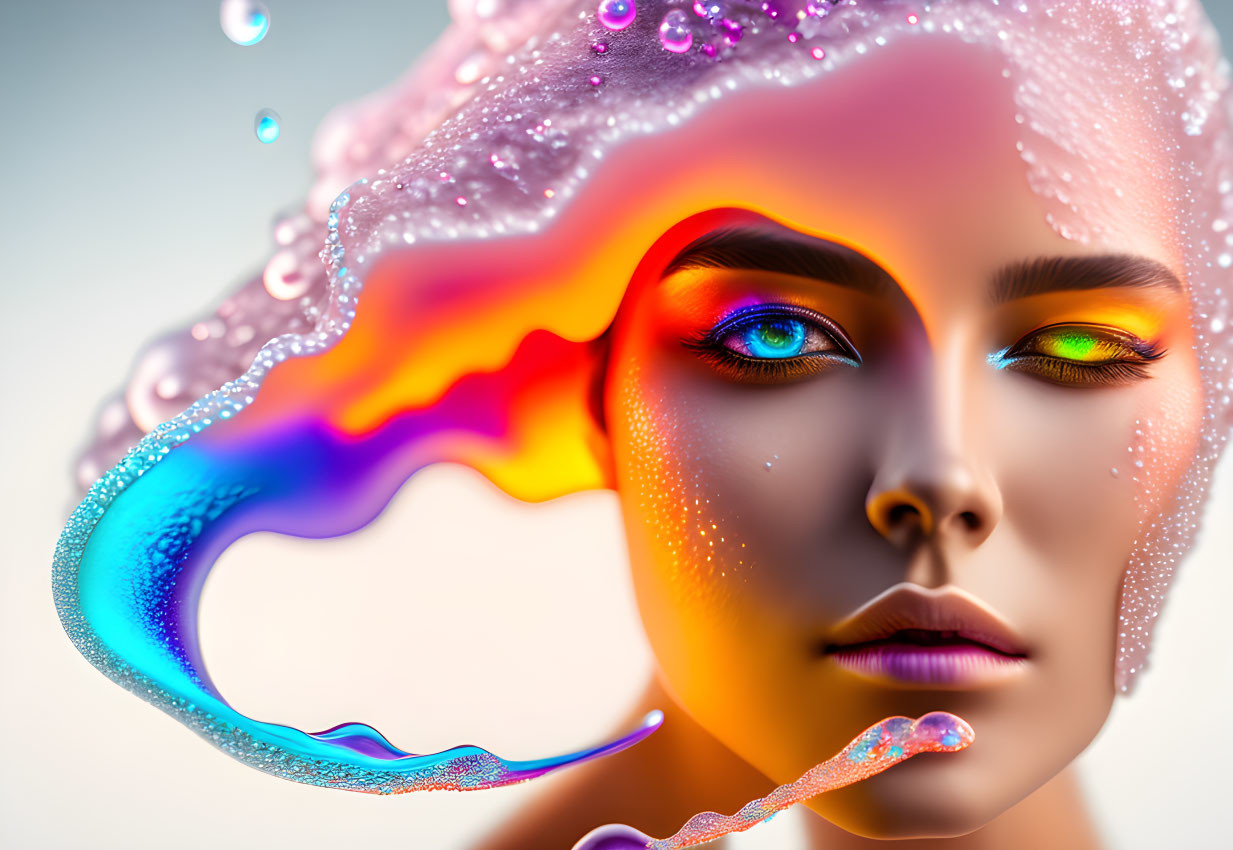 Vibrant multicolored makeup on surreal woman's portrait