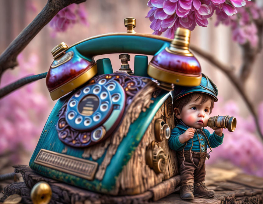 Toddler in vintage clothing with telescope and antique telephone in whimsical setting.