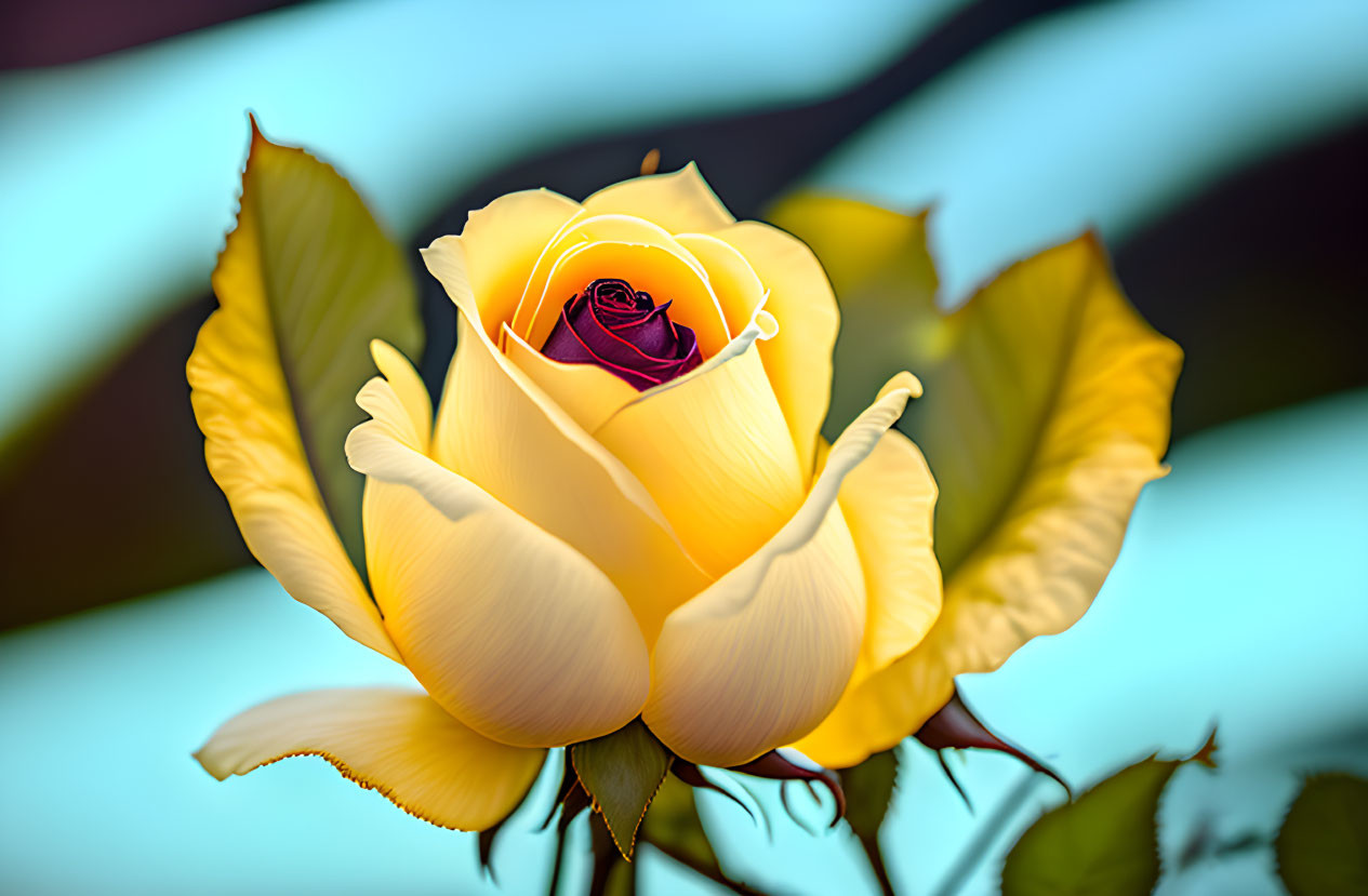 Vibrant yellow rose with pink center on blue backdrop