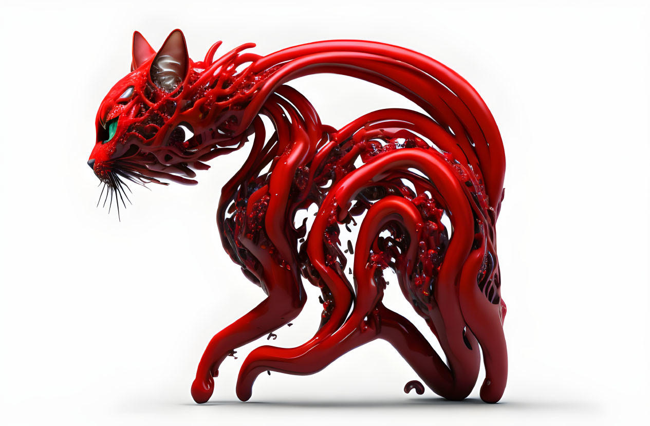 Abstract red swirling creature with intricate patterns on white background