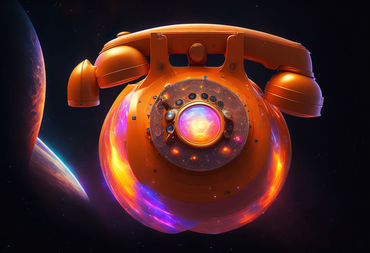 Surreal illustration: Orange rotary phone with galaxy dial in space