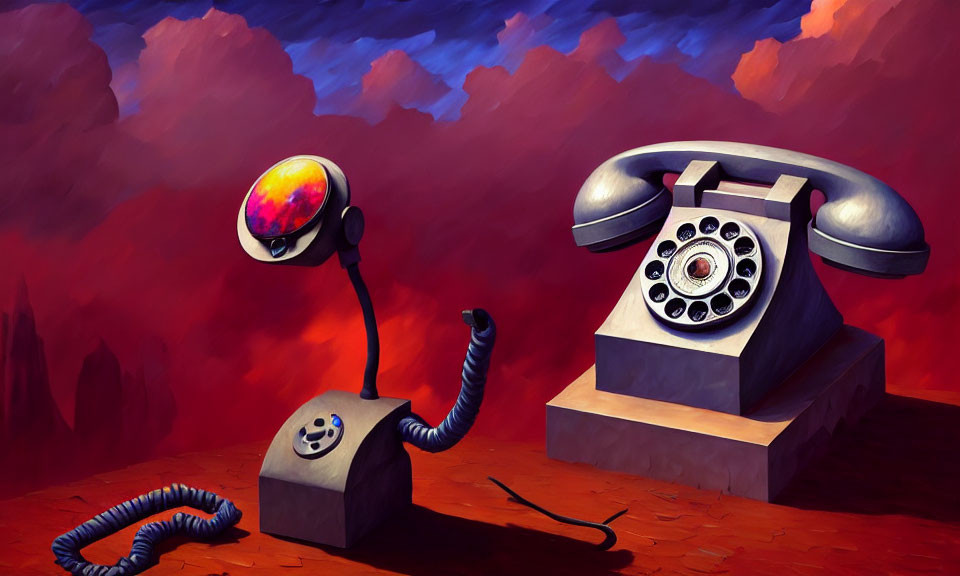 Surreal artwork: vintage telephone, lamp with eye, red sky & abstract landscape