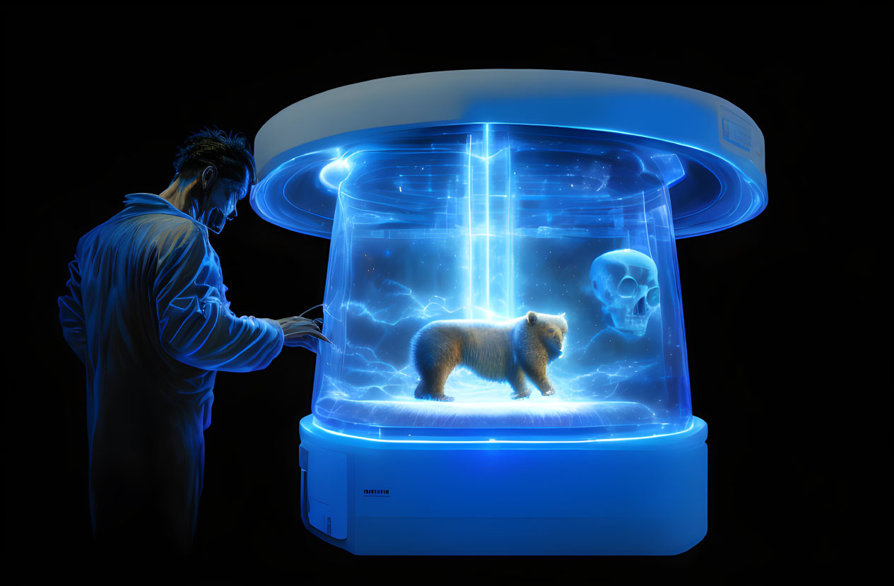 Scientist studies holographic 3D bear and human skull display with futuristic blue glow.