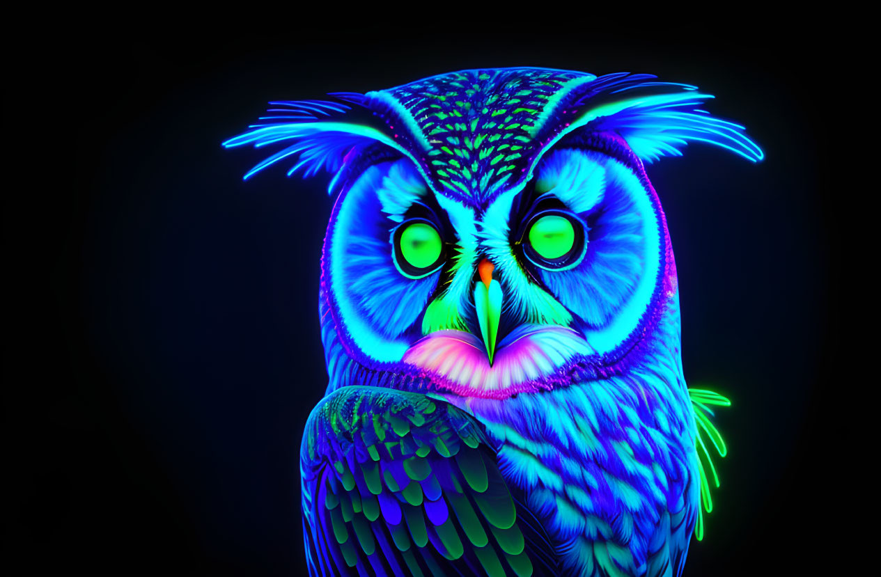 Vivid neon owl illustration with intricate patterns and green eyes