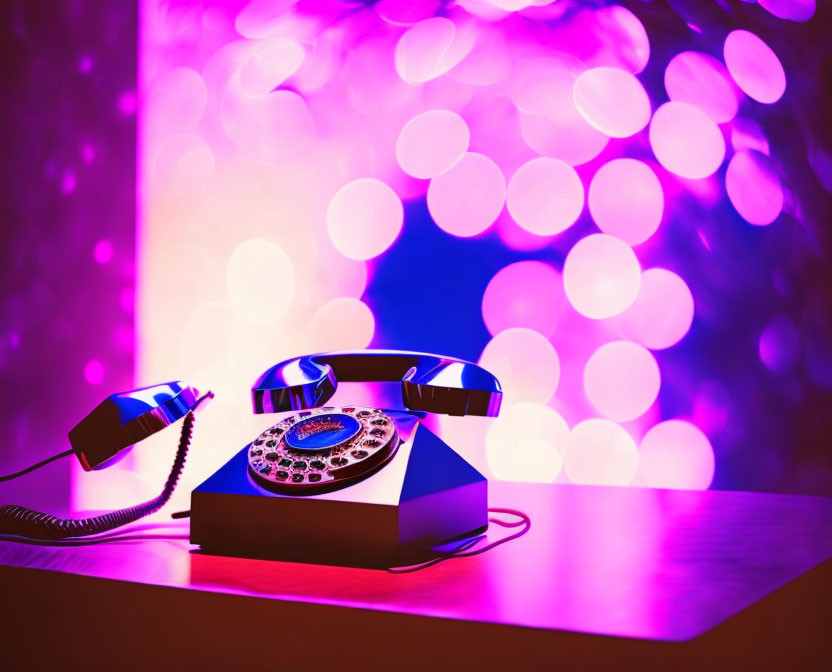 Vintage Telephone with Rotary Dial on Table with Pink and Purple Bokeh Lights