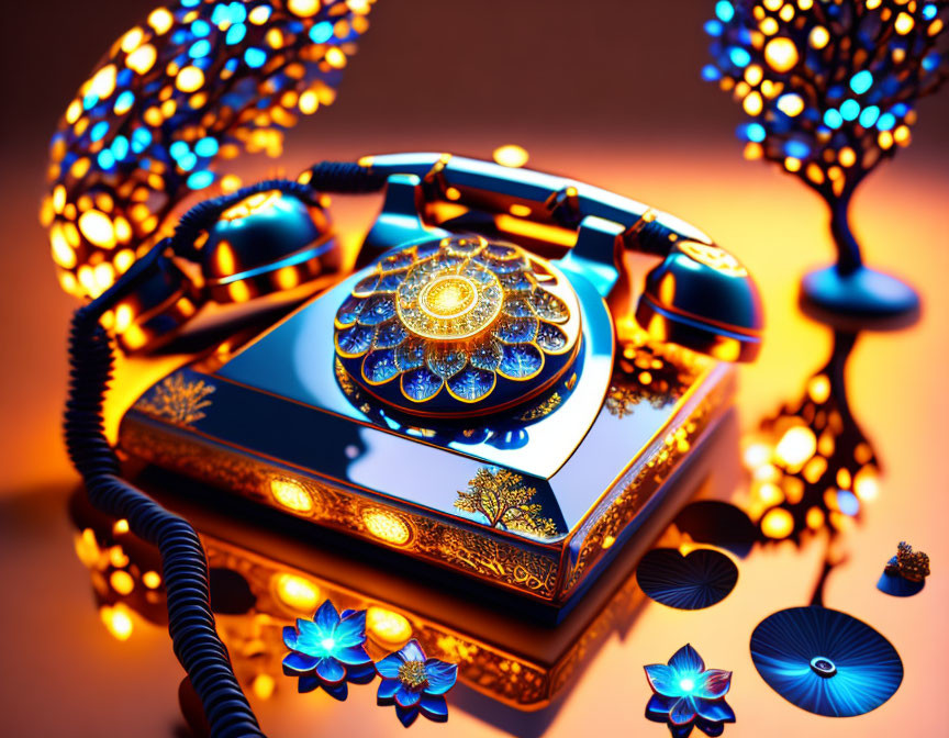 Vintage Ornate Telephone with Blue Lights and Metallic Flowers on Amber Background