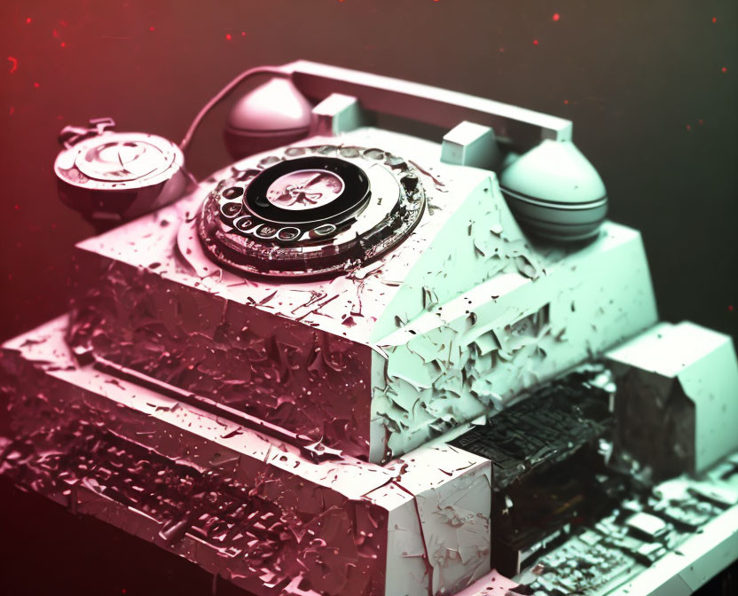 Vintage telephone and compass with digital melting effects on textured surface, red and black gradient background