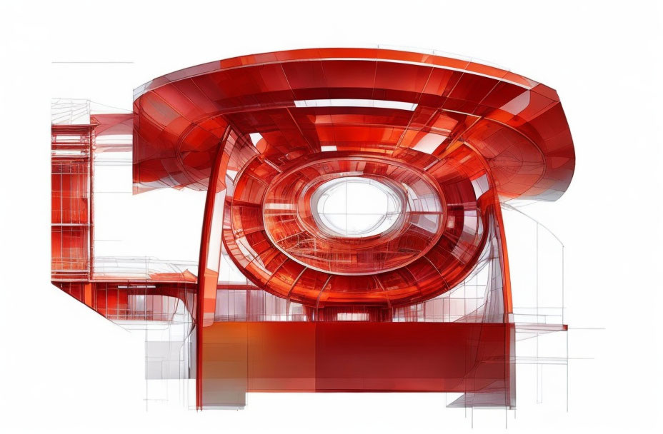 Abstract architectural design with transparent layers and swirling red shapes and lines.