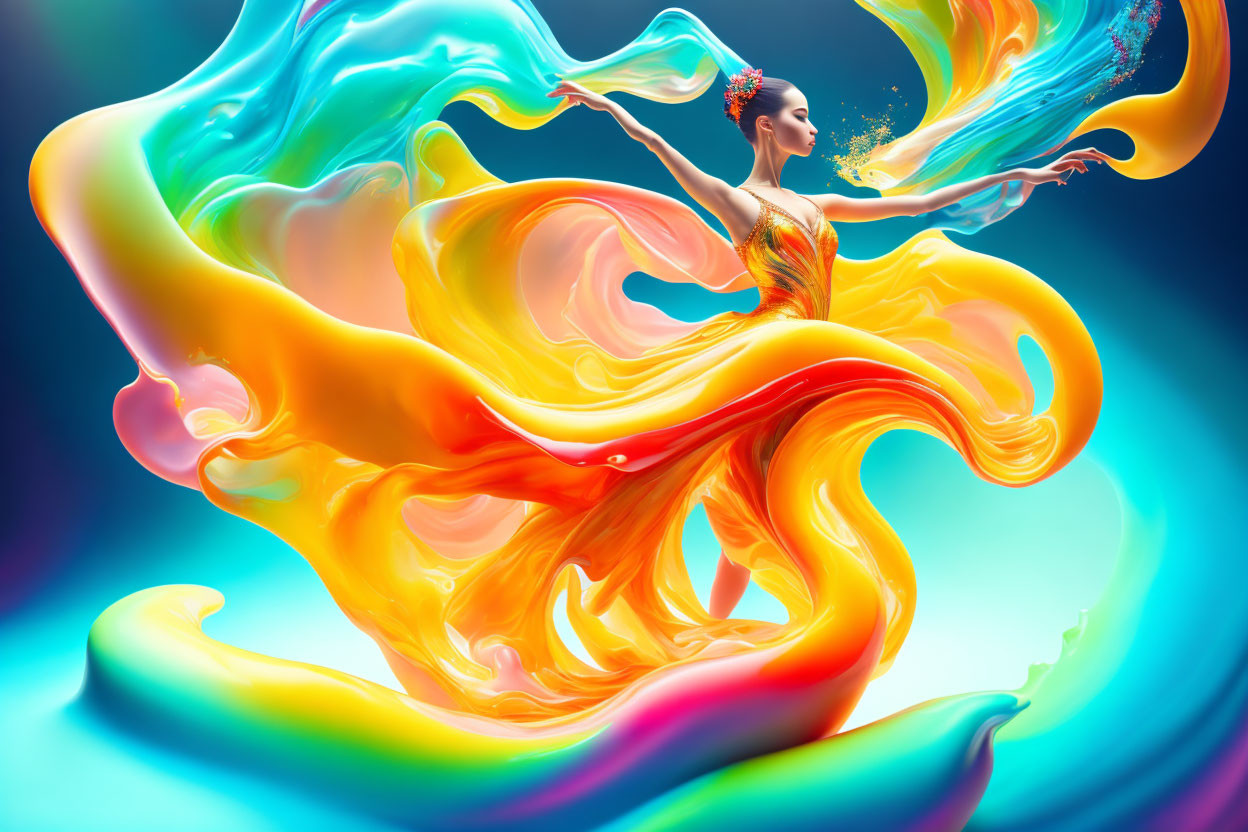 Colorful flowing dress on elegant woman in dynamic pose against ethereal backdrop