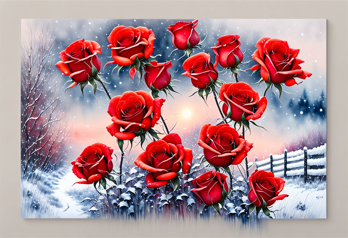 Red roses blooming in snowy landscape with fence and trees under sunset sky