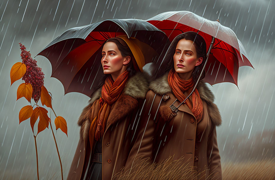 Two women sharing umbrellas in the rain under a red-leafed branch