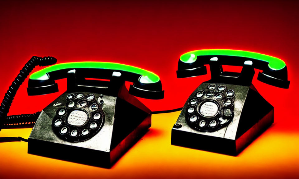 Vintage Black Rotary Phones with Neon Green Handsets on Vibrant Red Background