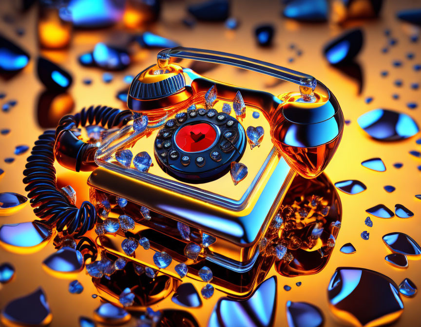 Shiny retro golden rotary phone on yellow surface