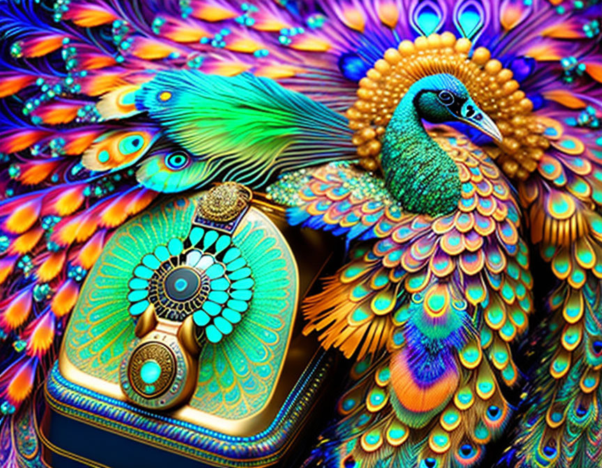 Colorful Digital Artwork of Stylized Peacock with Elaborate Feathers and Jewelry