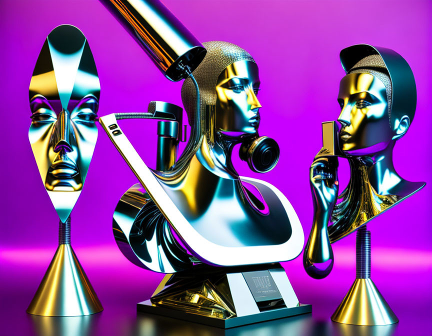 Abstract humanoid face sculptures against purple backdrop with metallic finish