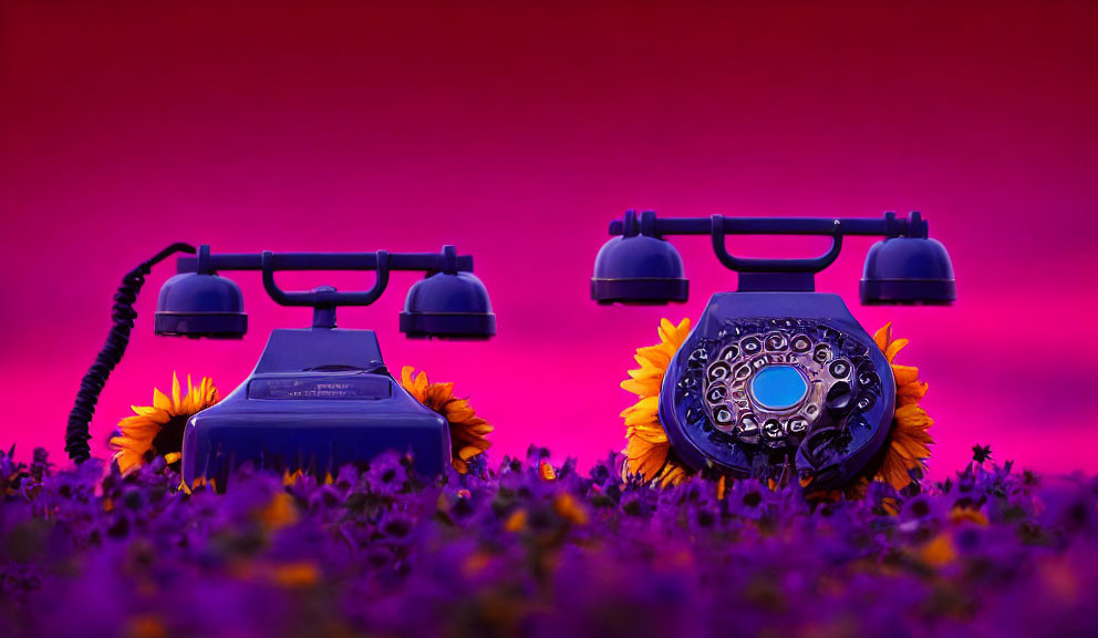 Vintage telephones with sunflowers on pink and purple background