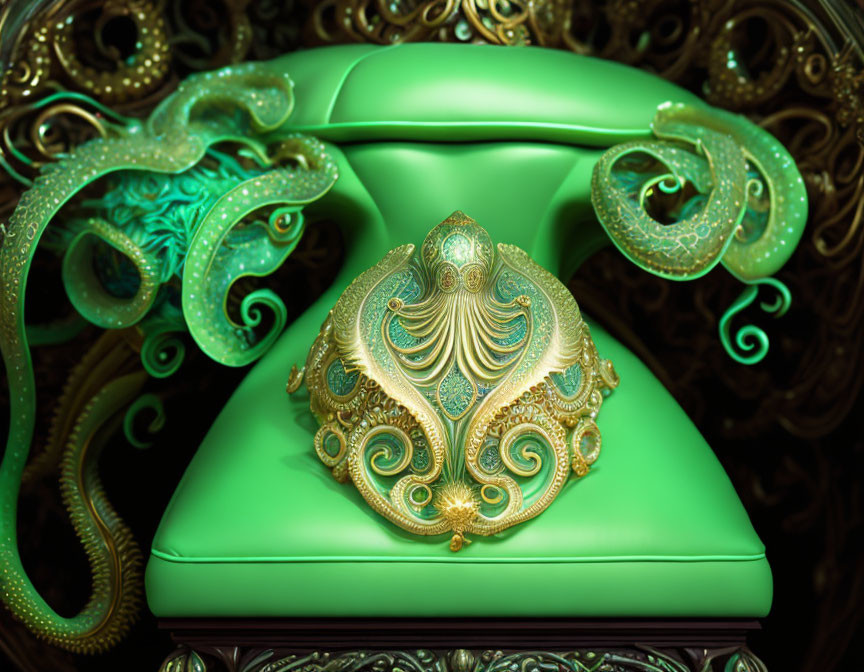 Intricate Green and Gold Rotary Phone with Tentacle-like Decorations