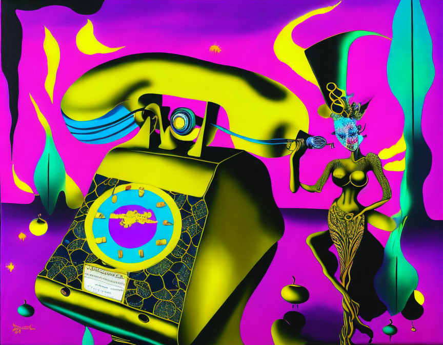 Colorful Surrealist Artwork Featuring Female Figure and Telephone