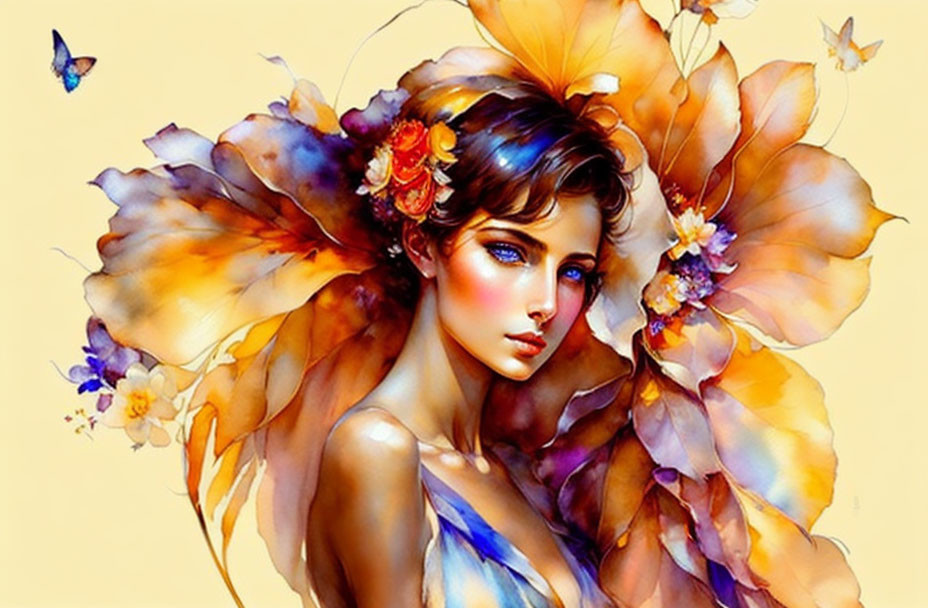 Fantasy female figure with floral features and butterflies on yellow background