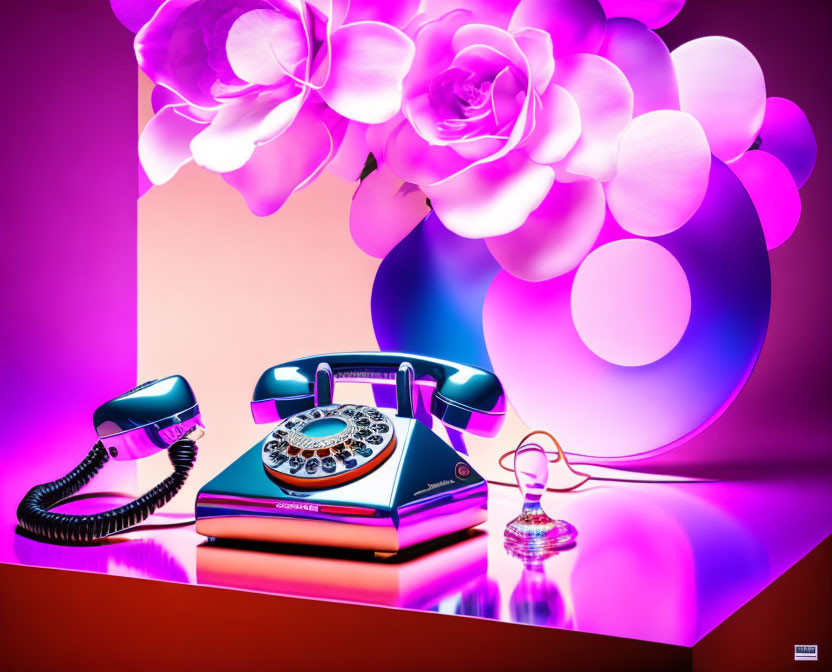 Colorful still life with vintage telephone, flowers, and glowing orbs