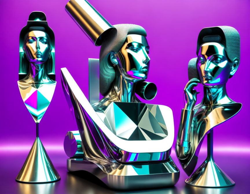 Futuristic metallic human sculptures with Egyptian-style headdresses on purple background