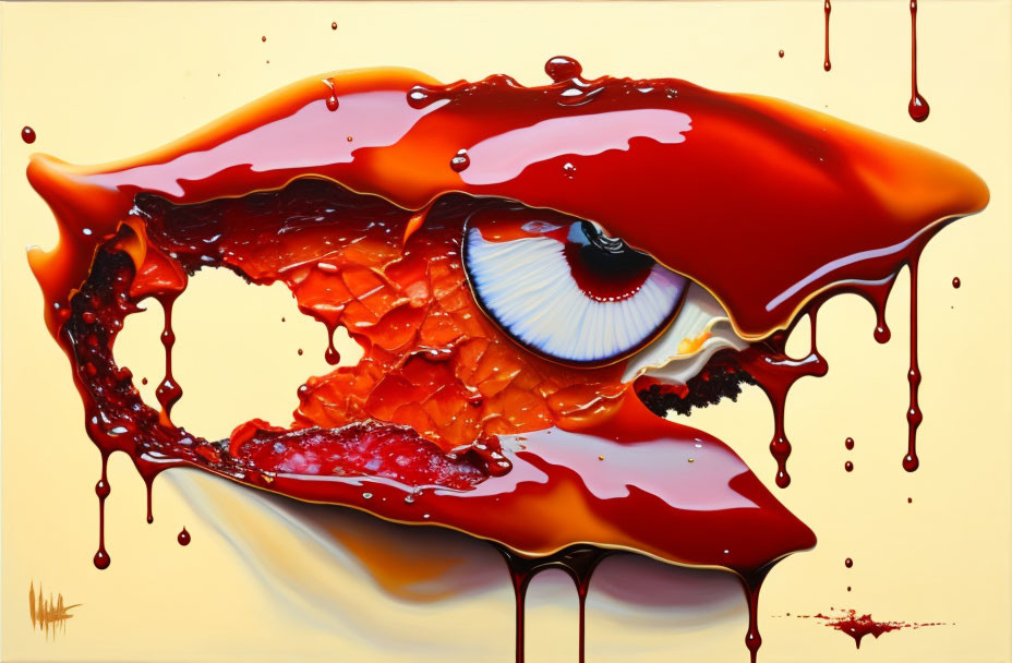 Hyper-realistic painting of vivid blue eye with red and orange melting shapes