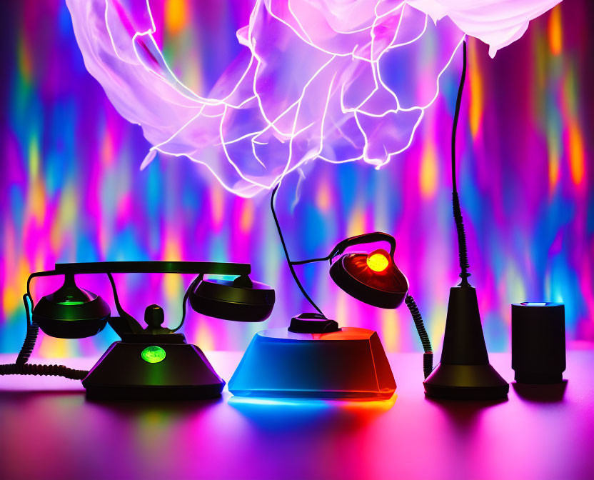 Colorful retro rotary phones and lamp in front of neon lights and dynamic shapes