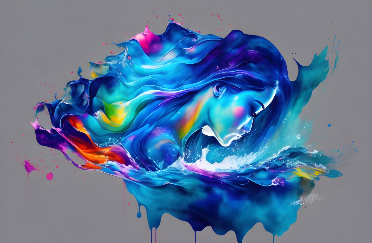 Colorful digital art: Woman's profile merges with dynamic paint splashes