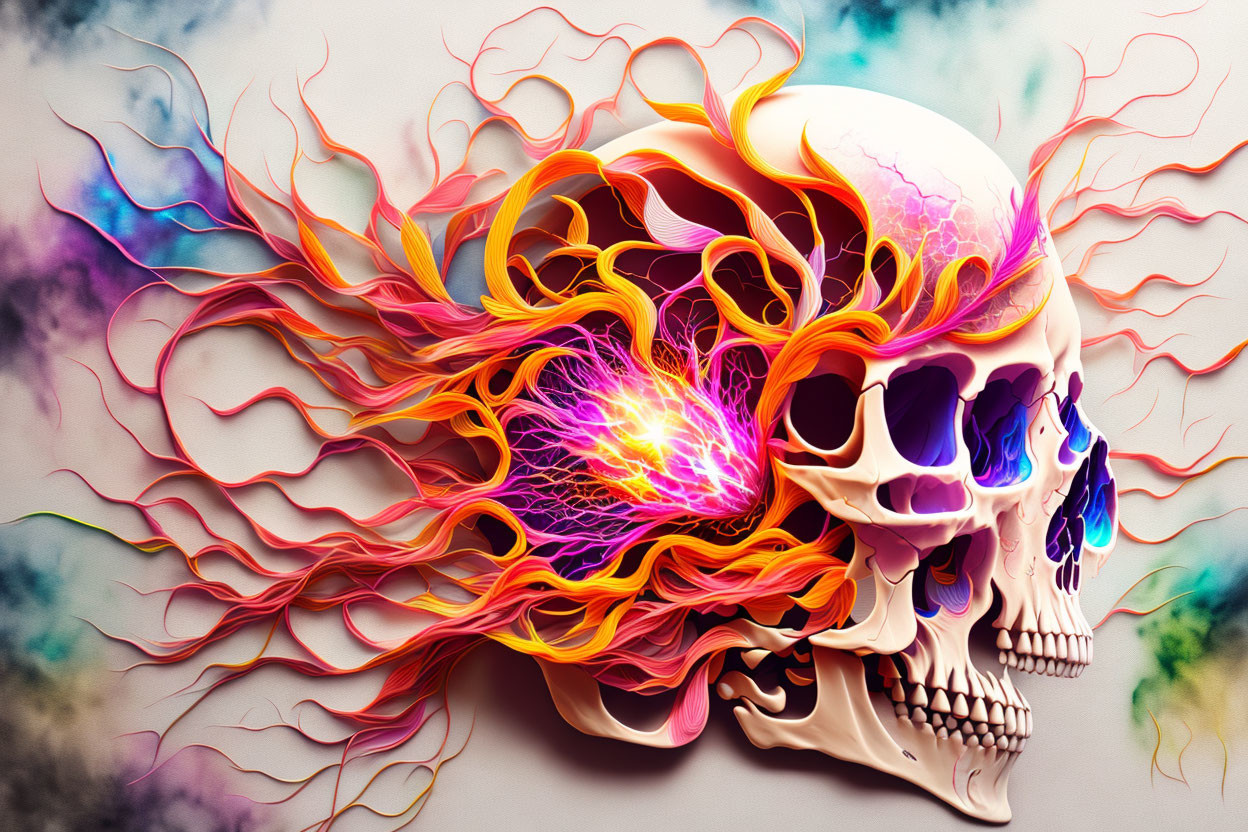 Colorful digital artwork: Human skull with fiery tendrils