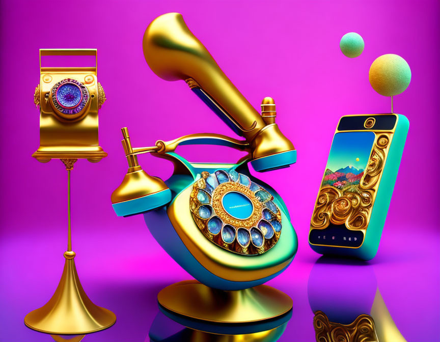 Surreal vintage gold telephone with payphone and smartphone on purple backdrop