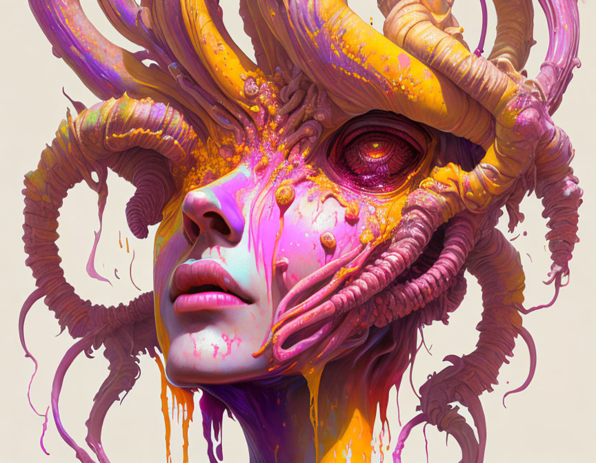 Surreal creature with humanoid face and vibrant colors