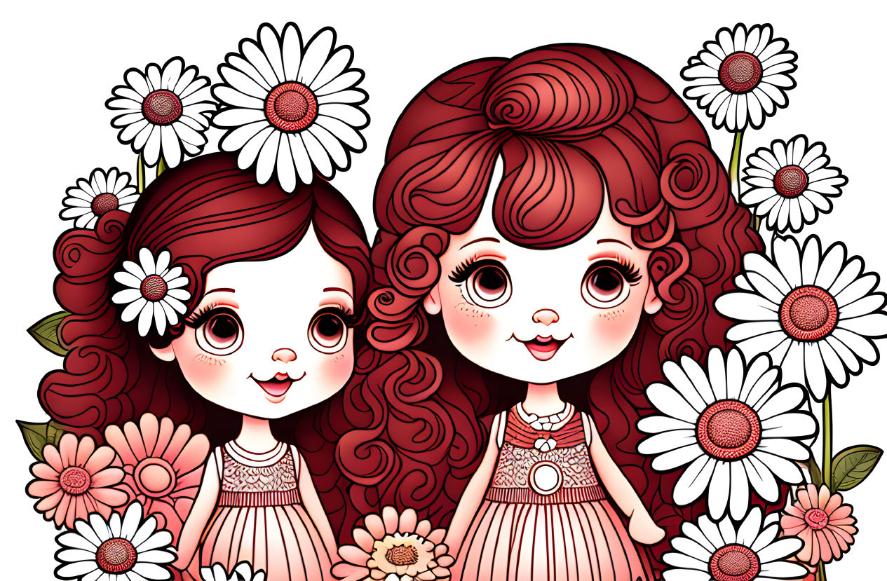 Illustrated girls with red curly hair in flower dresses among white daisies