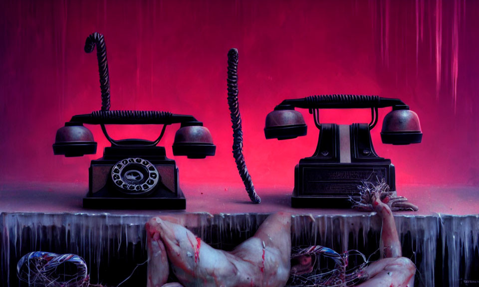 Vintage telephones with human hands and cobwebs on ledge in purple haze and red drapery