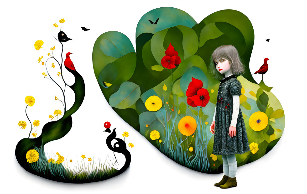 Whimsical illustration of young girl in nature scene