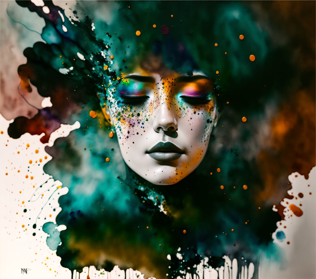 Colorful digital artwork: Woman's face with closed eyes, splattered paint effect, smoky background