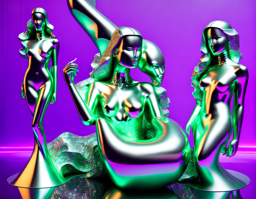 Metallic female figures in futuristic attire on vibrant purple background