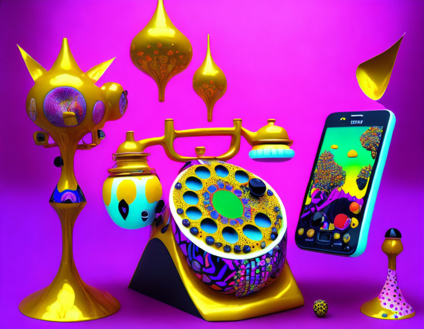 Vivid surreal image of golden rotary phone and smartphone with abstract shapes