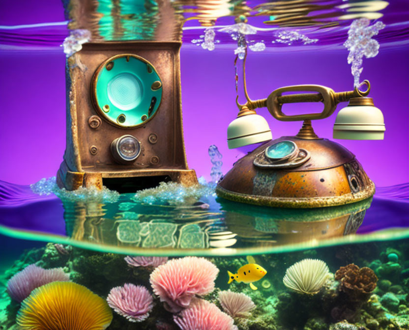 Vintage Telephone and Radio Underwater Scene with Coral and Fish on Purple Background