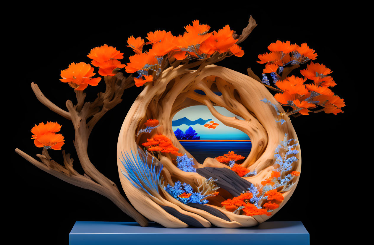 Twisted driftwood ring sculpture with vibrant orange and blue flowers