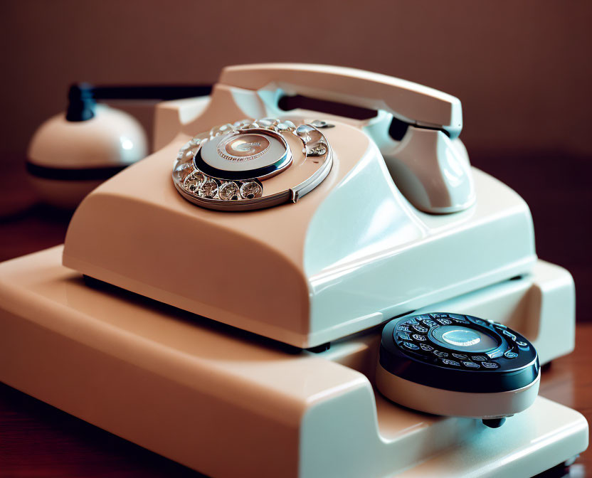 Vintage Rotary Phone with Modern Push Buttons on Wooden Surface