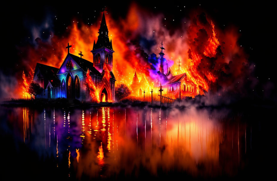 Digital Artwork: Church Engulfed in Flames at Night