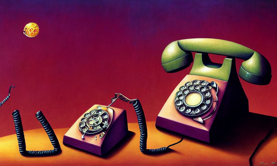 Surreal artwork of disassembled telephones under cookie-like moon